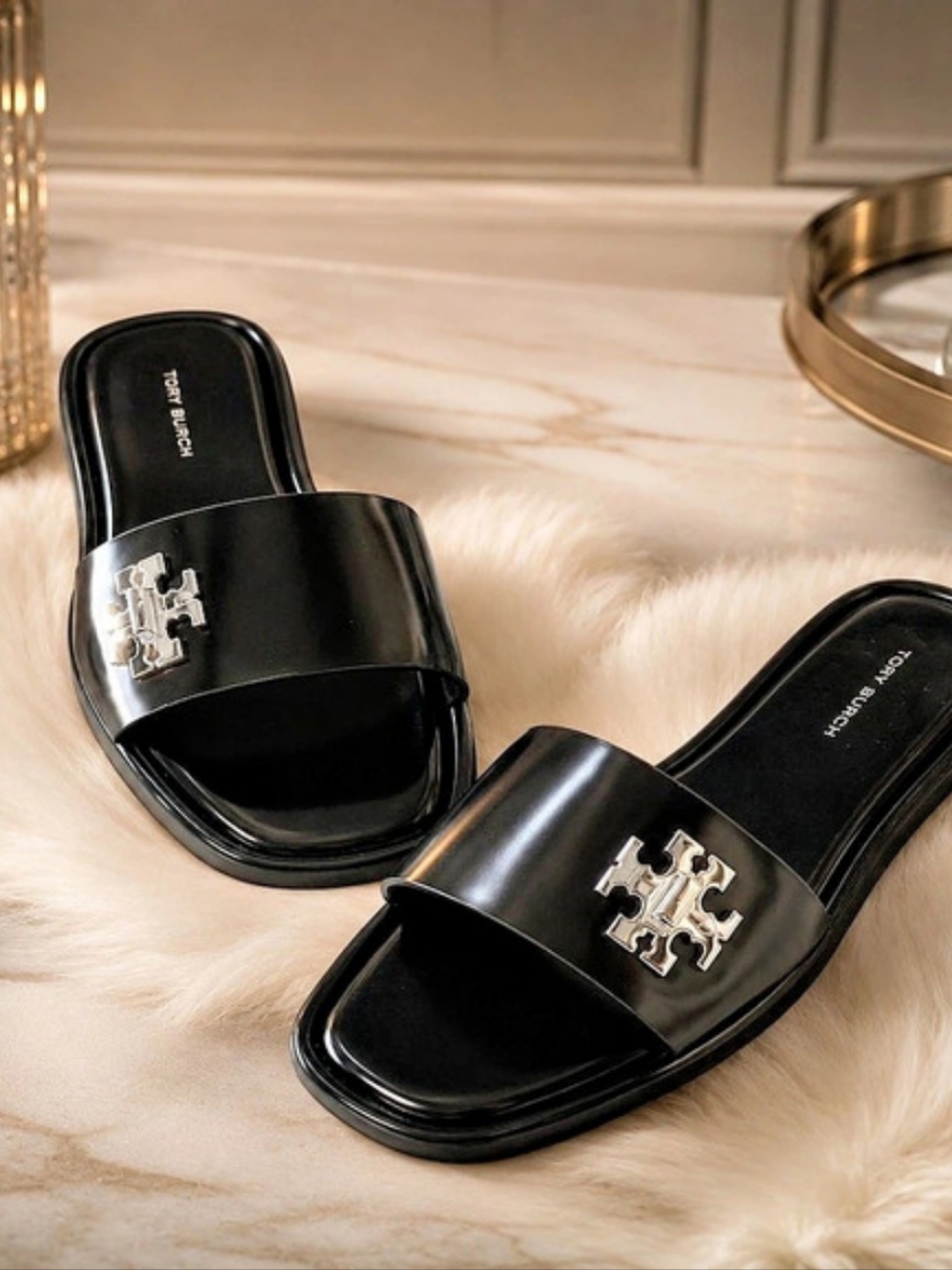 Tory Burch Eleanor Slide Black Logo Sandals